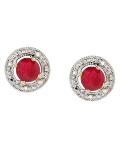 14k Gold Round Ruby and Diamond Stud Earrings