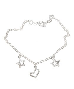 Sterling Silver 9-inch Stars and Heart Anklet