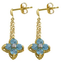 14k Gold Swiss Blue Topaz and Diamond Flower Earrings