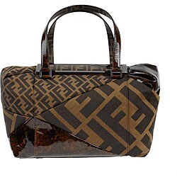 Fendi Zucca canvas zip top bag with patent leather