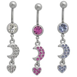 Steel Crystal Moon and Heart Curved Navel Ring