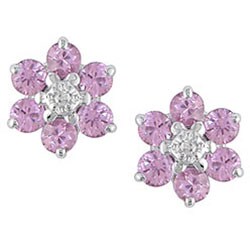 10k Gold Pink Sapphire and Diamond Flower Earrings