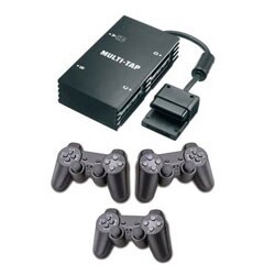 PS2 Slim Compact Multi-Tap and 3 Wired Controllers
