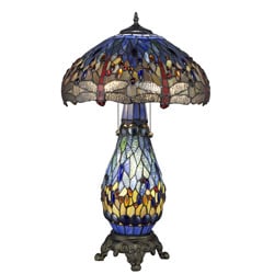 Tiffany-style Blue Dragonfly Table Lamp with Lighted Base