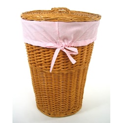 Honey Round Rattan Hamper with Pink Gingham Liner