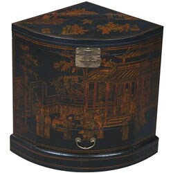 Black Bonded Leather Hand-painted Oriental Corner Cabinet