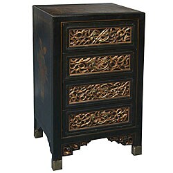 Hand-painted Black Bonded Leather Oriental End Table