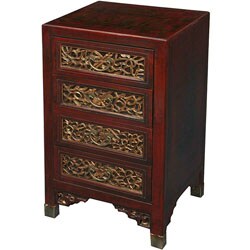 Hand-painted Red Bonded Leather Oriental Accent/End Table