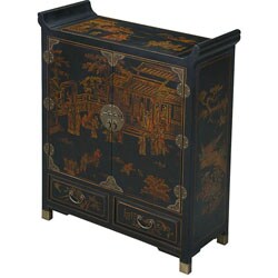 Hand-painted Black Bonded Leather Oriental Storage Cabinet