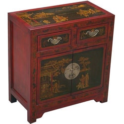 Red Bonded Leather Hand-painted Oriental Cabinet