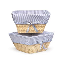 Natural Woven Basket Set with Navy Gingham Liners
