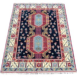 Indo Kazak Hand-knotted Navy/ Ivory Rug (5' x 7')
