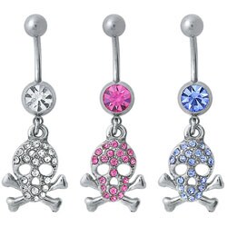 Surgical Steel Crystal Skull and Crossbones Navel Ring