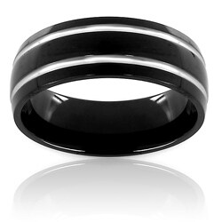 Men's Black-plated Titanium Domed and Grooved Ring