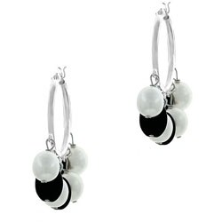 Stonique Creations Sterling Silver FW Pearl and Onyx Hoop Earrings