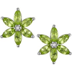 10k White Gold Peridot and Diamond Flower Earrings
