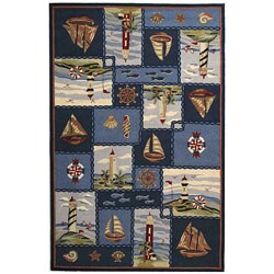 Hand-hooked Nautical Blue Wool Rug (5'3 x 8'3)