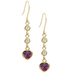 10k Yellow Gold Purple CZ Heart Dangle Earrings