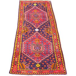 Persian Hamadan Navy/ Tangerine Rug (4'4 x 9'10)