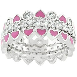 Silvertone Cubic Zirconia 3-in-1 Set Pink Enamel Ring