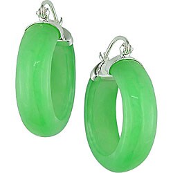Sterilng Silver Green Jade Hoop Earrings