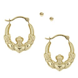 10k Yellow Gold Ball and Heart Hoop Earrings Set