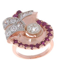 14k Pink Gold 1-1/2ct Old Mine Diamond Ruby Ring