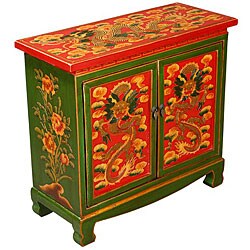 Hand-painted Tibetan Red and Green Storage Cabinet