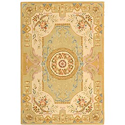 Handmade Bouquet Soft Green/ Beige Wool and Silk Rug (7'6 x 9'6)