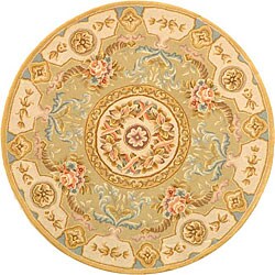 Handmade Empire Bouquet Soft Green/ Beige Wool and Silk Rug (4' Round)
