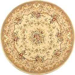 Handmade Bouquet Ivory/ Blue Wool and Silk Rug (8' Round)