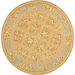 Handmade Bouquet Tiles Sand/ Green Wool and Silk Rug (4' Round)