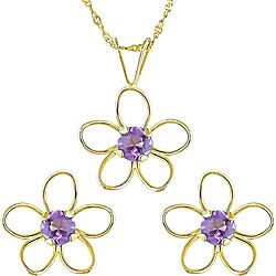14k Yellow Gold Amethyst Earrings and Necklace Set