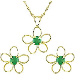 14k Yellow Gold Emerald Earrings and Necklace Set