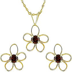 14k Yellow Gold Garnet Earrings and Necklace Set