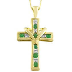 10k Gold Emerald and Diamond Cross Necklace