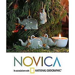 Set of 4 'Green Holiday Elephants' Ornaments (Thailand)
