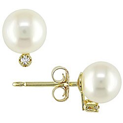 14k Gold Diamond and FW Pearl Earrings (7-7.5 mm)