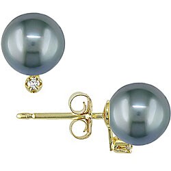 14k Gold 1/10ct TDW Diamond and Pearl Earrings (8-8.5 mm)