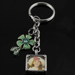 Silvertone Photo with Flower Charm Keychain