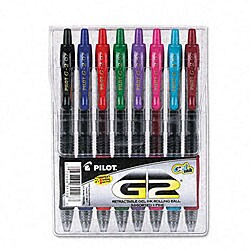 Pilot G2 Roller Ball Retractable Gel Pen, Assorted Ink, Fine Point, 8 per Pack, ST - PIL31128