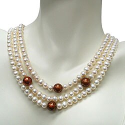Sterling Silver 3-row White Freshwater Pearl Necklace (6-11 mm)
