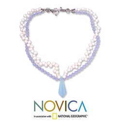 Sterling Silver 'Daydream' Pearl and Chalcedony Necklace (India)