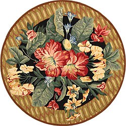 Hand-hooked Floral Black Wool Rug (5'6 Round)