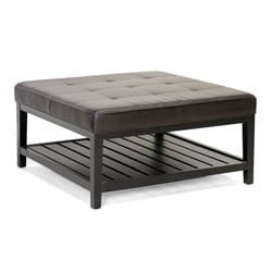 Win Square Brown Bi-cast Leather Ottoman with Lower Shelf