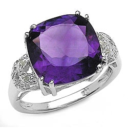 Silver Genuine Amethyst and Diamond Ring