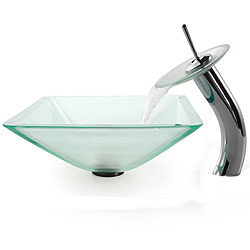 Kraus Aquamarine Frosted Glass Sink and Waterfall Faucet