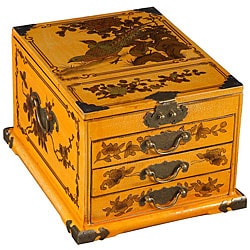 Yellow Leather Painted Chinese Birds Jewelry Box