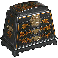 Handmade Black Leather Chinese Peony Jewelry Box