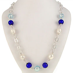Sterling Silver Blue Murano Glass and Pearl Chain (10 mm)